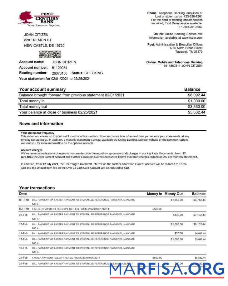 Downloadable USA First Century bank statement excel sample